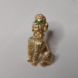 Cute Gold Tone Poodle Pin With Green Eyes